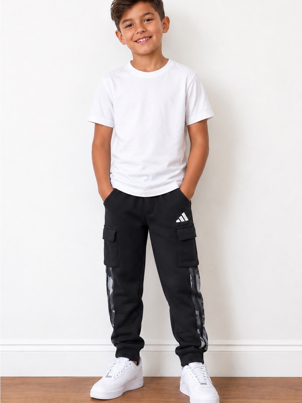 adidas Black Kids Cargo Joggers with Camo Side Stripes